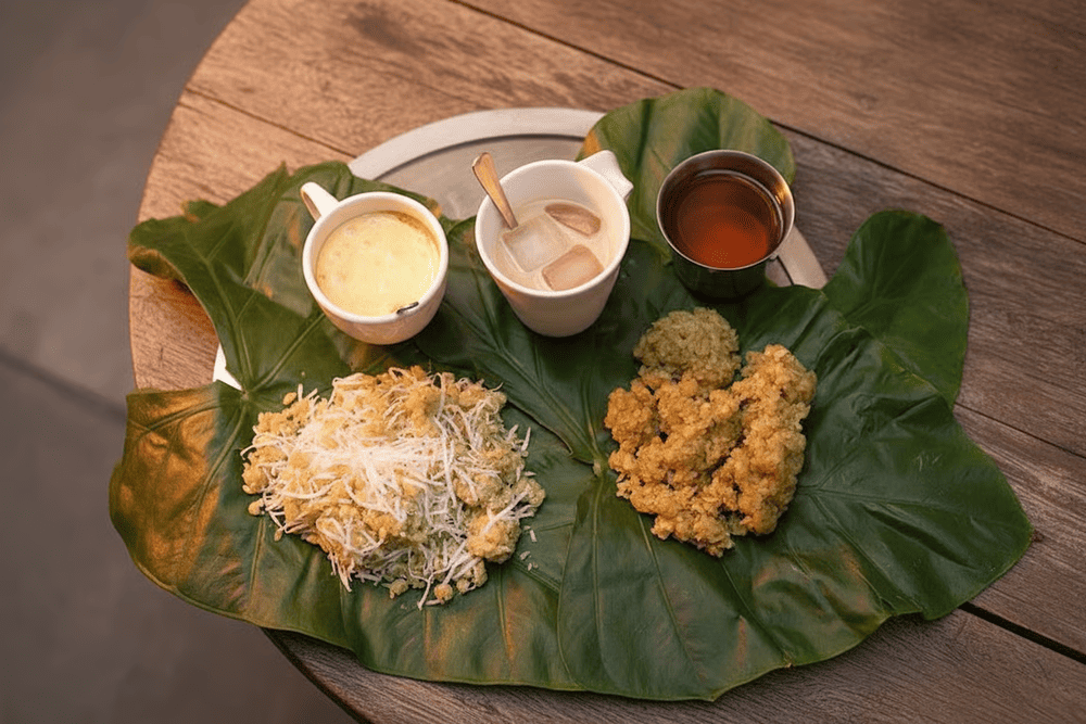 Enjoying “Xoi com” (Green sticky rice) with a charming view of St. Joseph’s Cathedral